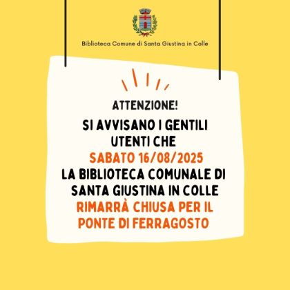 Chiusura Biblioteca comunale sabato 16 agosto 2025